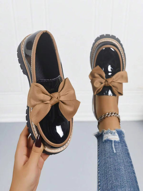 Women's Black Glossy Bow Loafers, Thick Sole British Style All-Season Casual Shoes