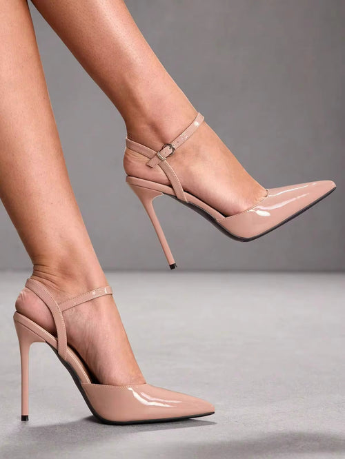 CUCCOO SZL Women's Black Pointed Toe Stiletto High Heel Sexy Evening Party Ladies High Heel Pumps With Ankle Strap And Backless Design Spring Shoes