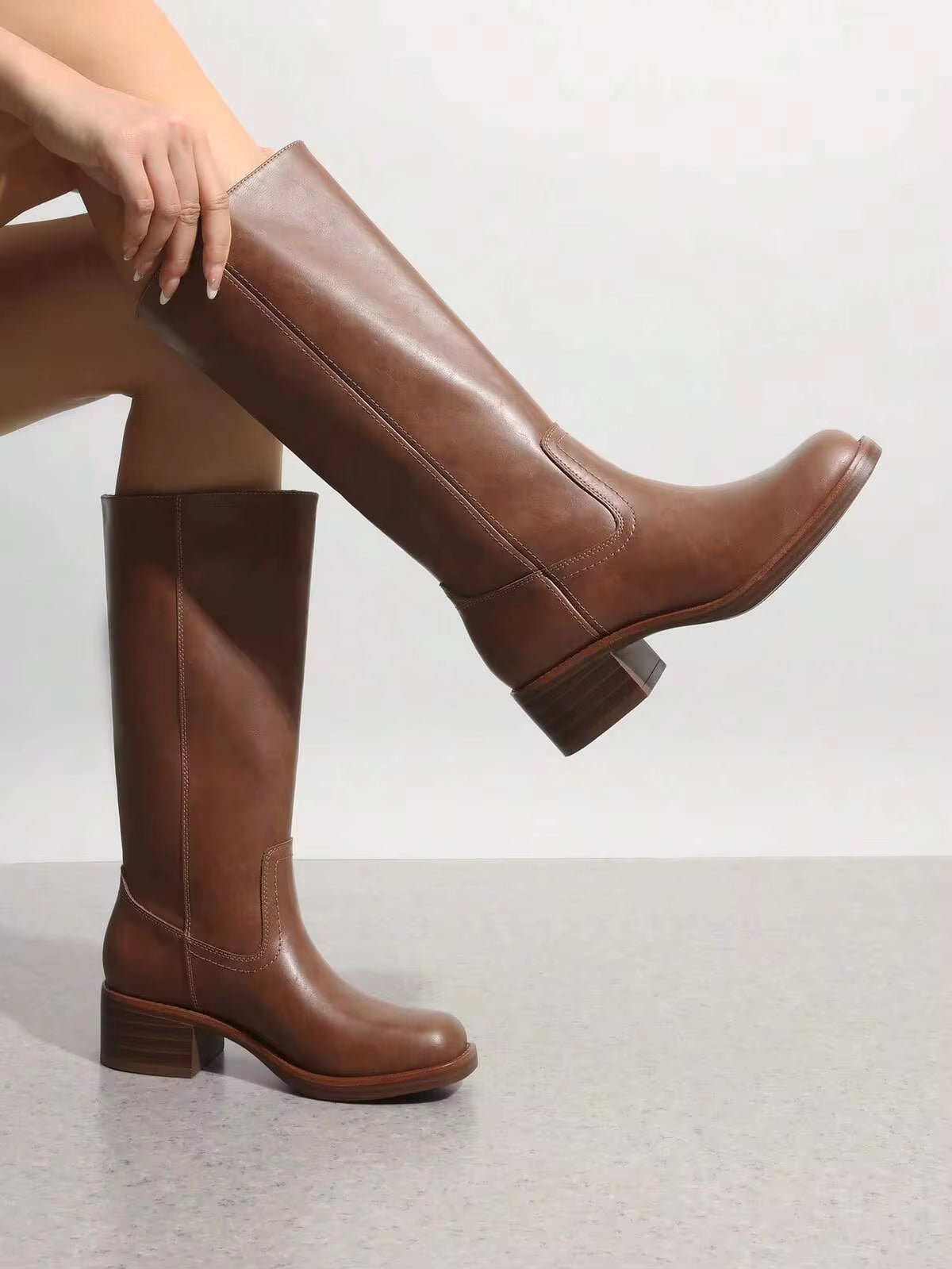Women's Motorcycle Western Boots Pull-On Square Toe Retro Banana Boots 1.9-Inch Chunky Block Heel Fashion Festival Party Dress Riding Knee High Boots