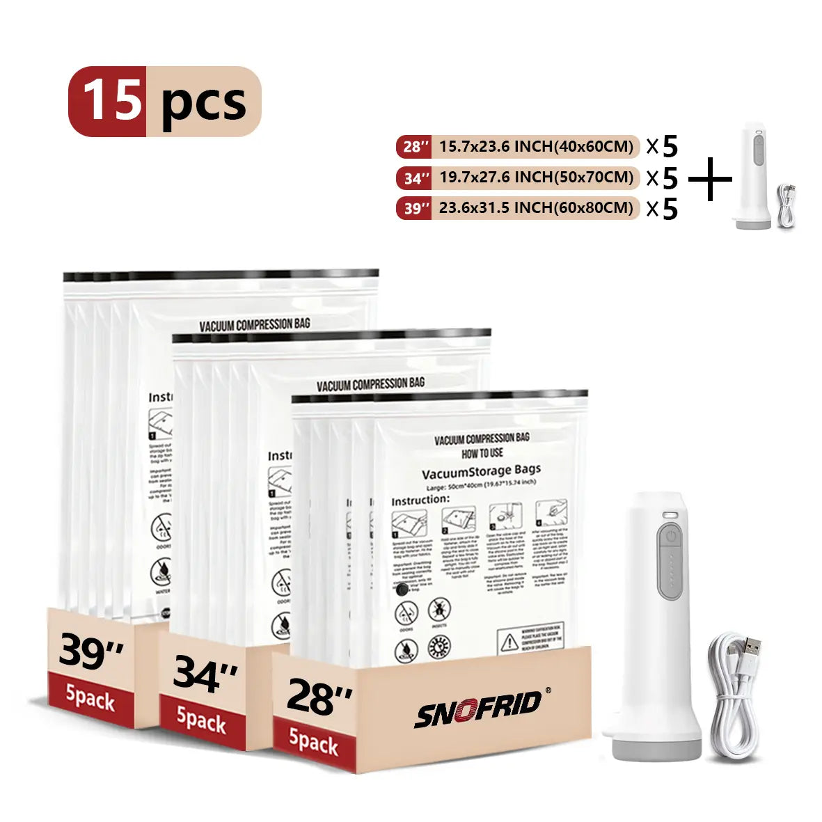 15-Piece Vacuum Storage Bag Set with USB Pump